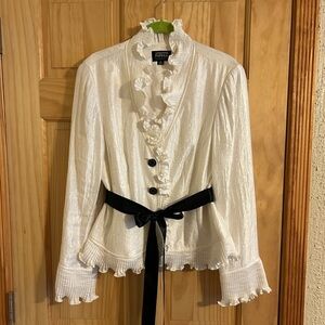 Ivory Ruffled Blouse with Black Satin Ribbon
